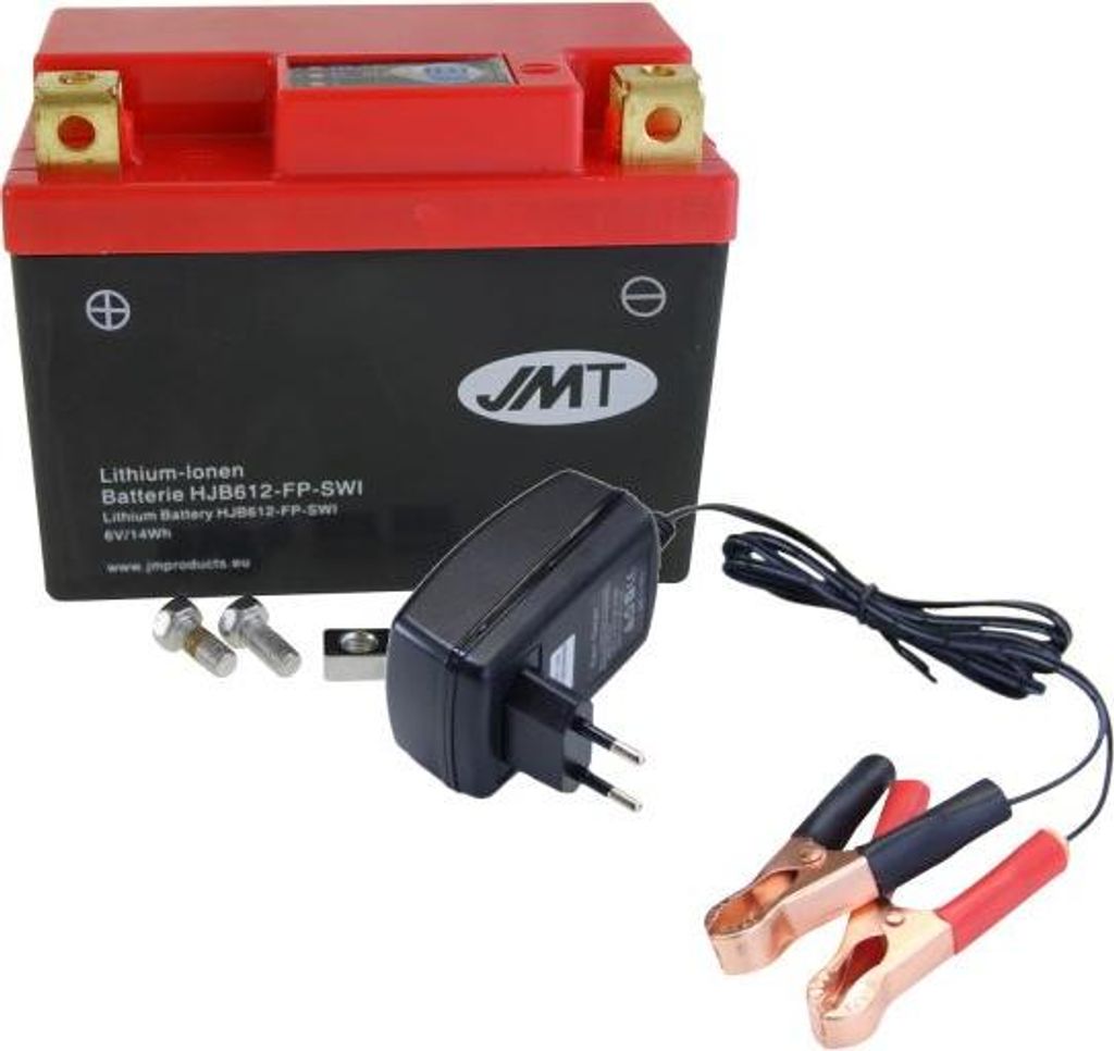 Lithium-Ionen-Batterie JMT HJB612-FP, 6 V 2.4 Ah, Pluspol links, DIN 01225 + Ladegerät