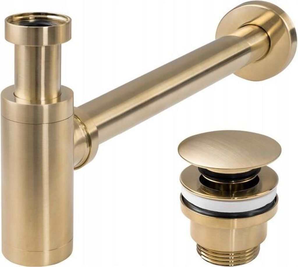 A brass siphon and drain assembly shown against a white background.