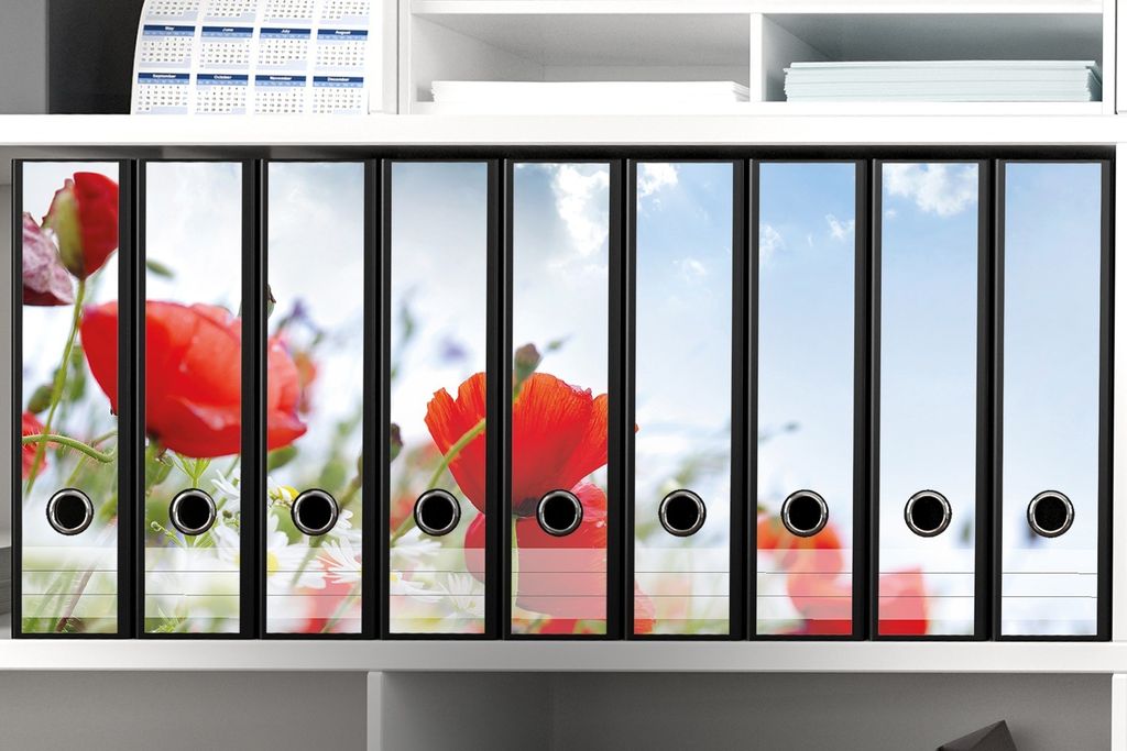 Wallario Ordnerrücken Sticker, selbstklebend für breite Ordner, 9 Stück, Motiv Mohnblumen unter blauem Himmel