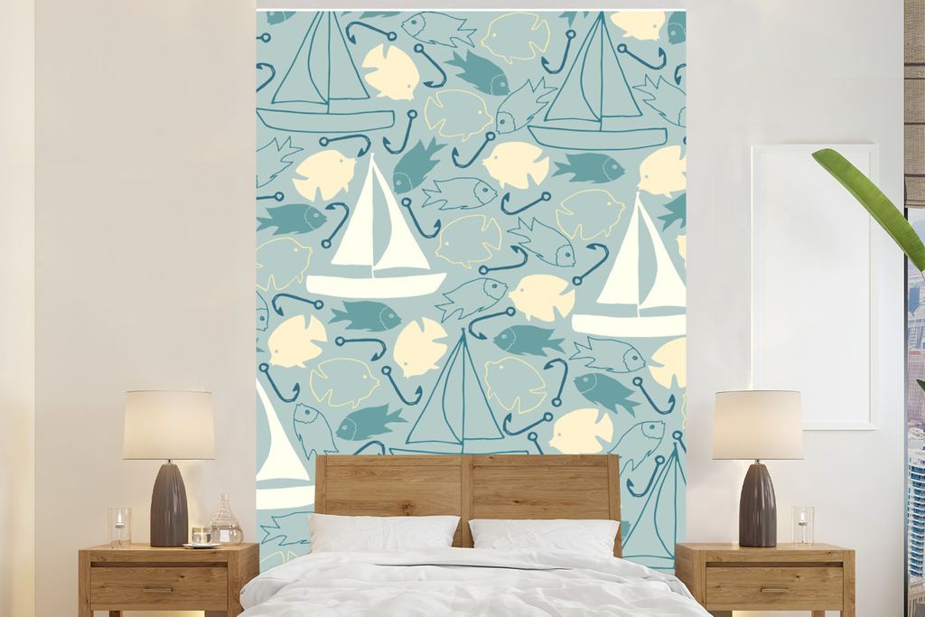 MuchoWow Fototapete für Wohnzimmer oder Schlafzimmer Wandtapete Vinyl Motivtapete Segelboot - Fisch - Muster - 195x300 cm - Das Hintergrundbild