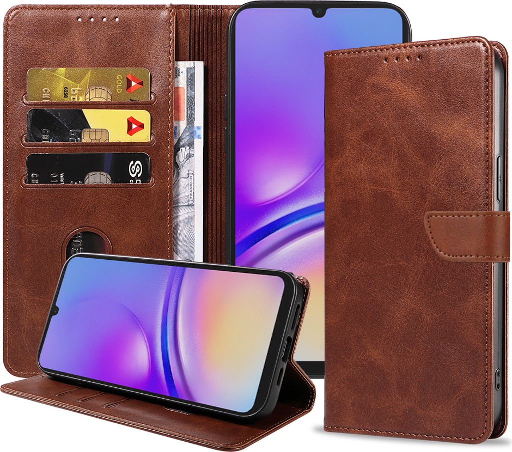 Passend für Samsung Galaxy A05 Handytasche Kunstleder mit magnetischer Lippe und Kartenhalter Buchhülle mit Klappe - Dunkelbraun - Smartphonics