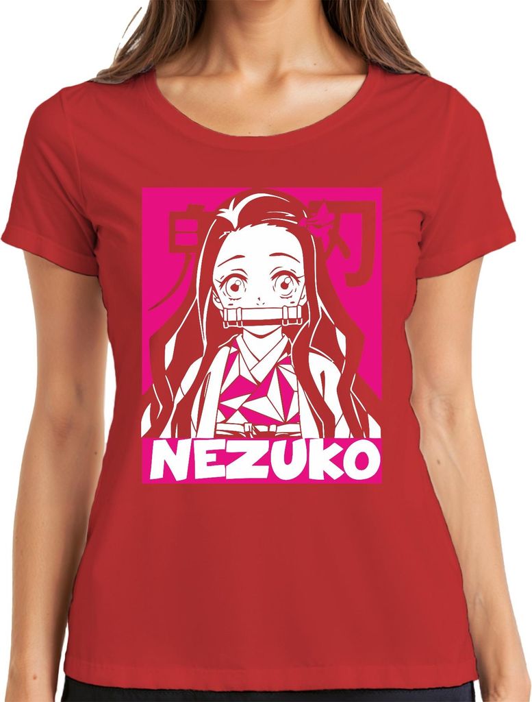 Nezuko Demon Slayer Anime Otaku Kawaii Kimono Pink Geschenk Manga Damen T-Shirt, Rot, 3XL