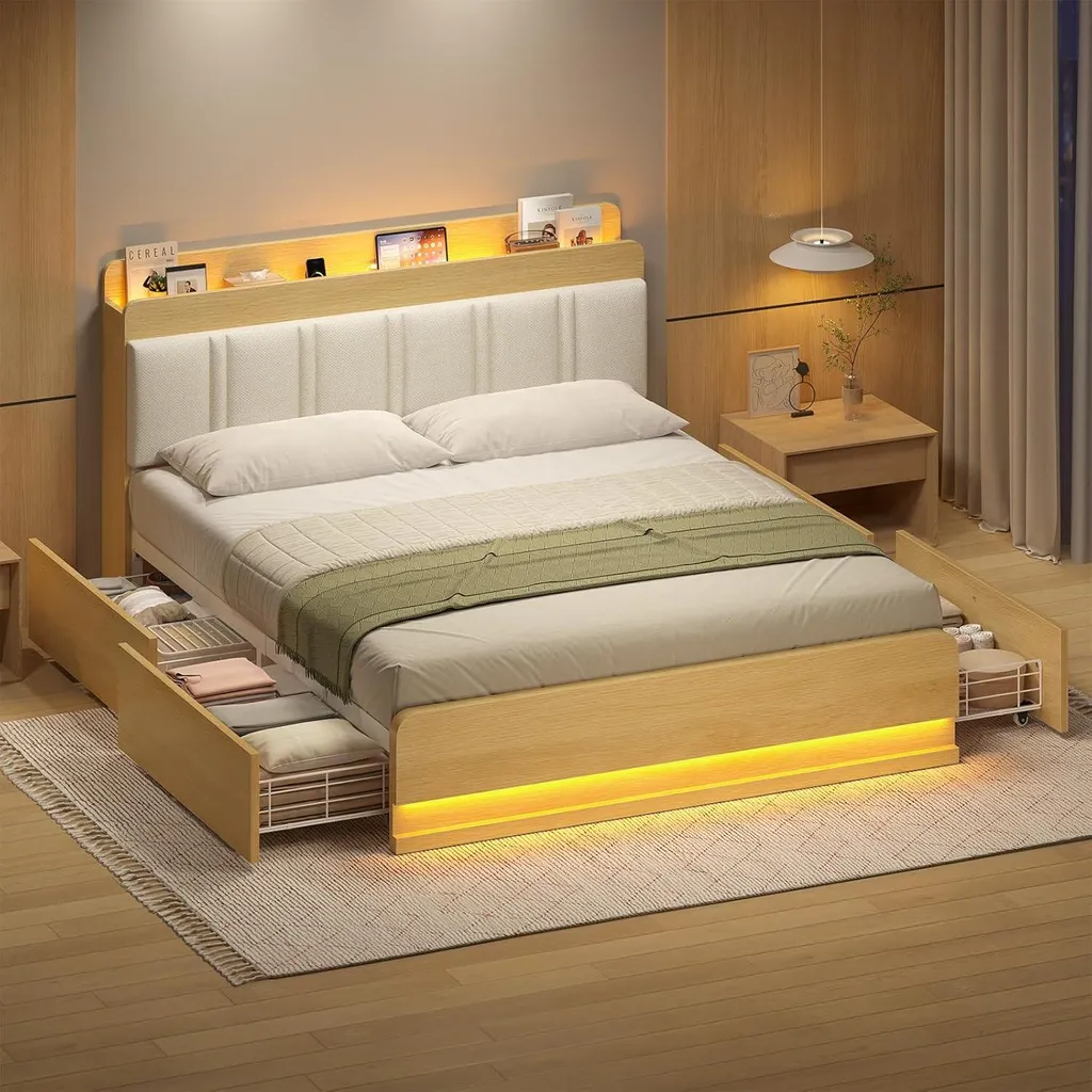 Lit double KIMENICH 160x200 blanc et bois avec LED et 4 tiroirs inclus