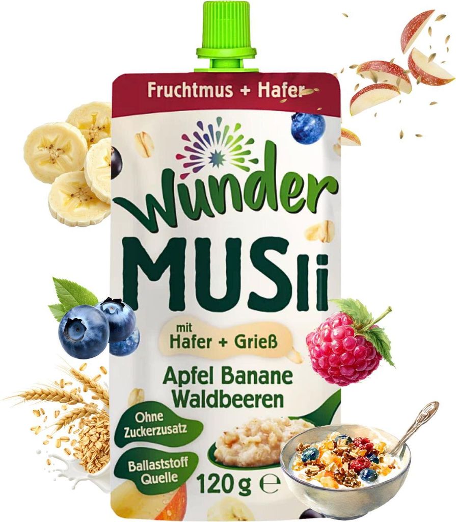 WUNDER Quetschie Müsli Apfel-Banane-Waldbeere 12 x 120g mit Produktbild 