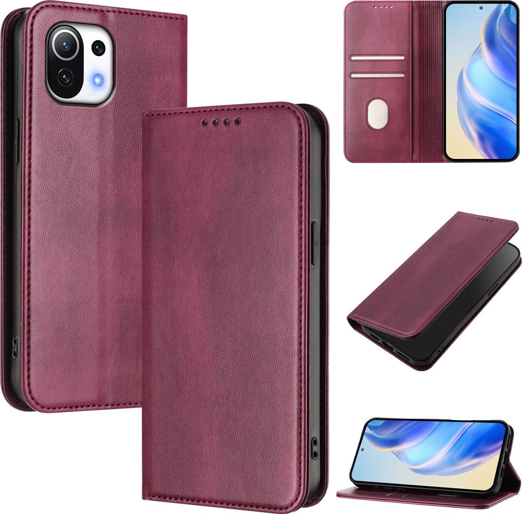 Handyhülle für Xiaomi Mi 11 Lite/Mi 11 Lite 5G Ne, Vintage Leder RFID Schutz Kartenfach Standfunktion Magnetische Klapphülle Rot