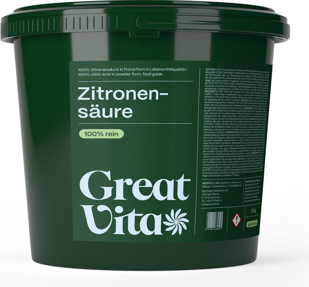 A dark green bucket of citric acid powder.