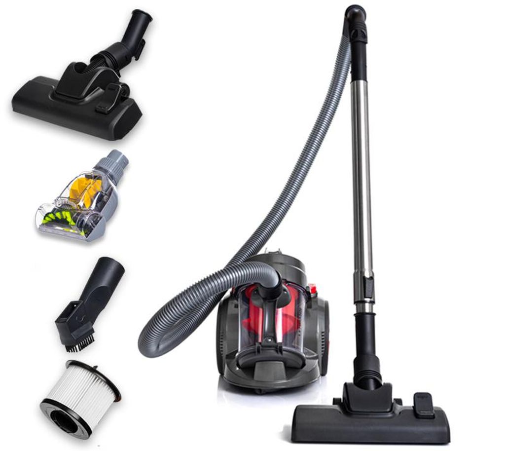 A collection of vacuum cleaner parts and accessories, including the main unit, hose, various attachments, and a filter.