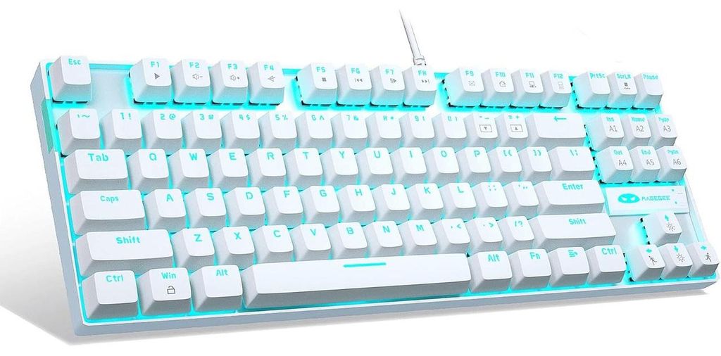 80% Mechanische Gaming Tastatur mit Blue Switches, 87 Tasten USB Keyboard mit blauer Beleuchtung, kabelgebunden weiß