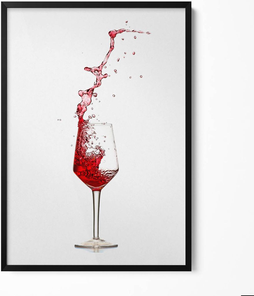 Glas mit überfließendem Rotwein– Wandbild mit Rahmen – Gerahmtes Bild – Wanddekoration – 70x100 cm – Schwarz Rahmen