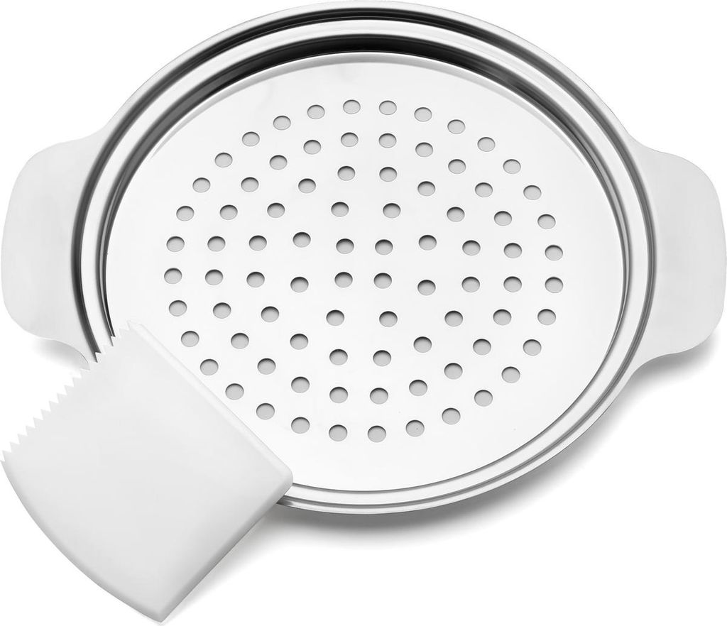 A stainless steel spätzle maker with a white dough scraper.