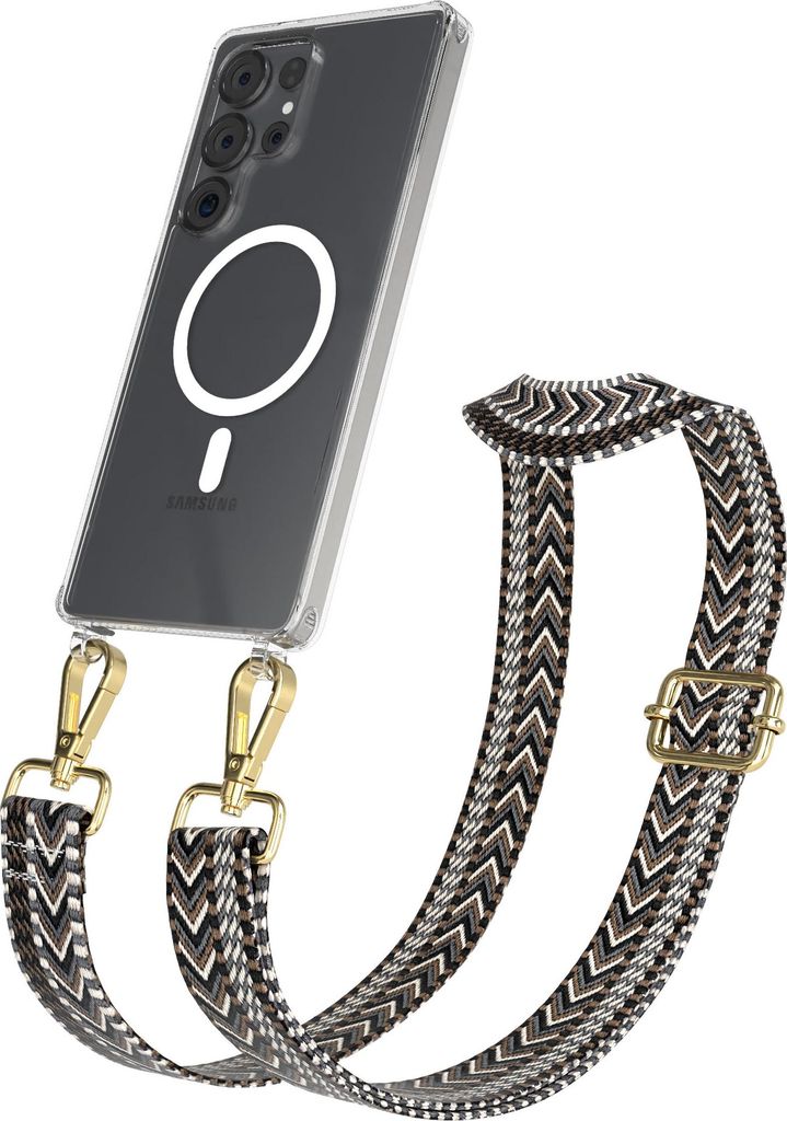 EAZY CASE - Handykette mit MagSafe Hülle für Samsung Galaxy S25 Ultra, Handyband ZigZag Style,Karabiner Gold, Umhängeband in Grau