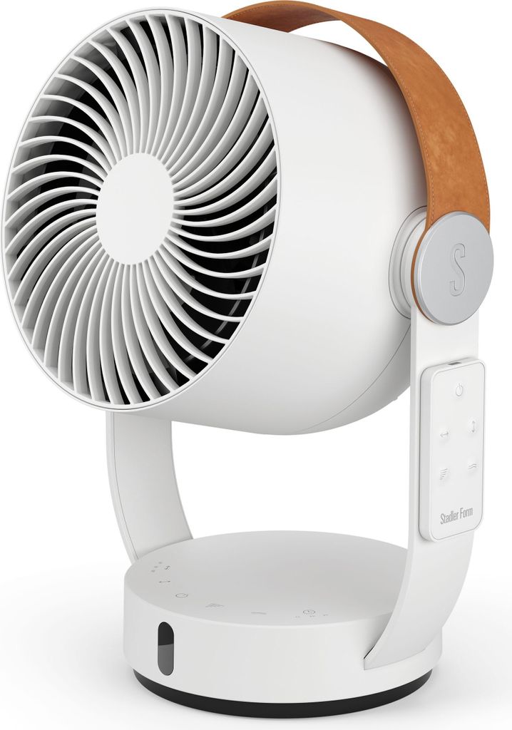 A white fan with a brown leather handle and a remote control attached to the stand.