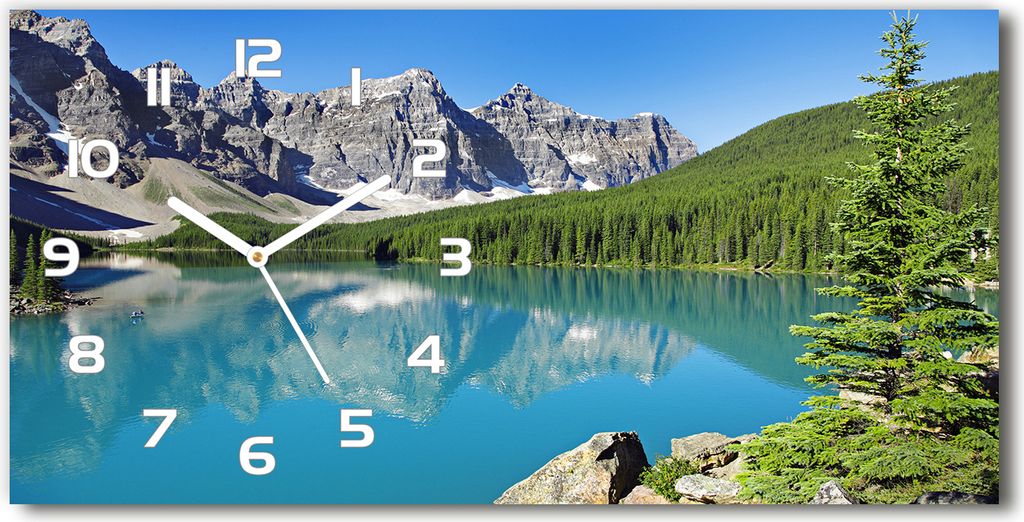 Wanduhr aus Glas – 60x30 cm - Glasbild - Glasuhr - Gehärtetes Glas - weisse-zeiger - See in den Bergen