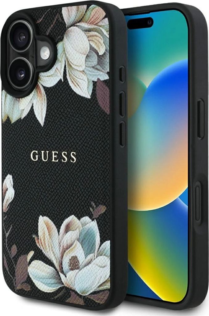 Guess Hülle Printed Flower Pattern MagSafe Case für iPhone 16 Schwarz Schutzhülle