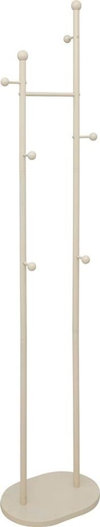 A coat rack stand with an oval base and two vertical poles with hooks.