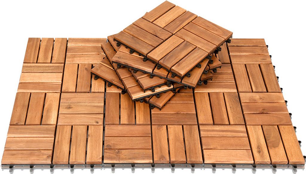 SWANEW 6m² Holzfliesen Akazie Mosaik Terrassenfliese 30x30 cm Fliese Stecksystem Mosaik Zuschneidbar Terrassenfliesen Terrasse Balkon