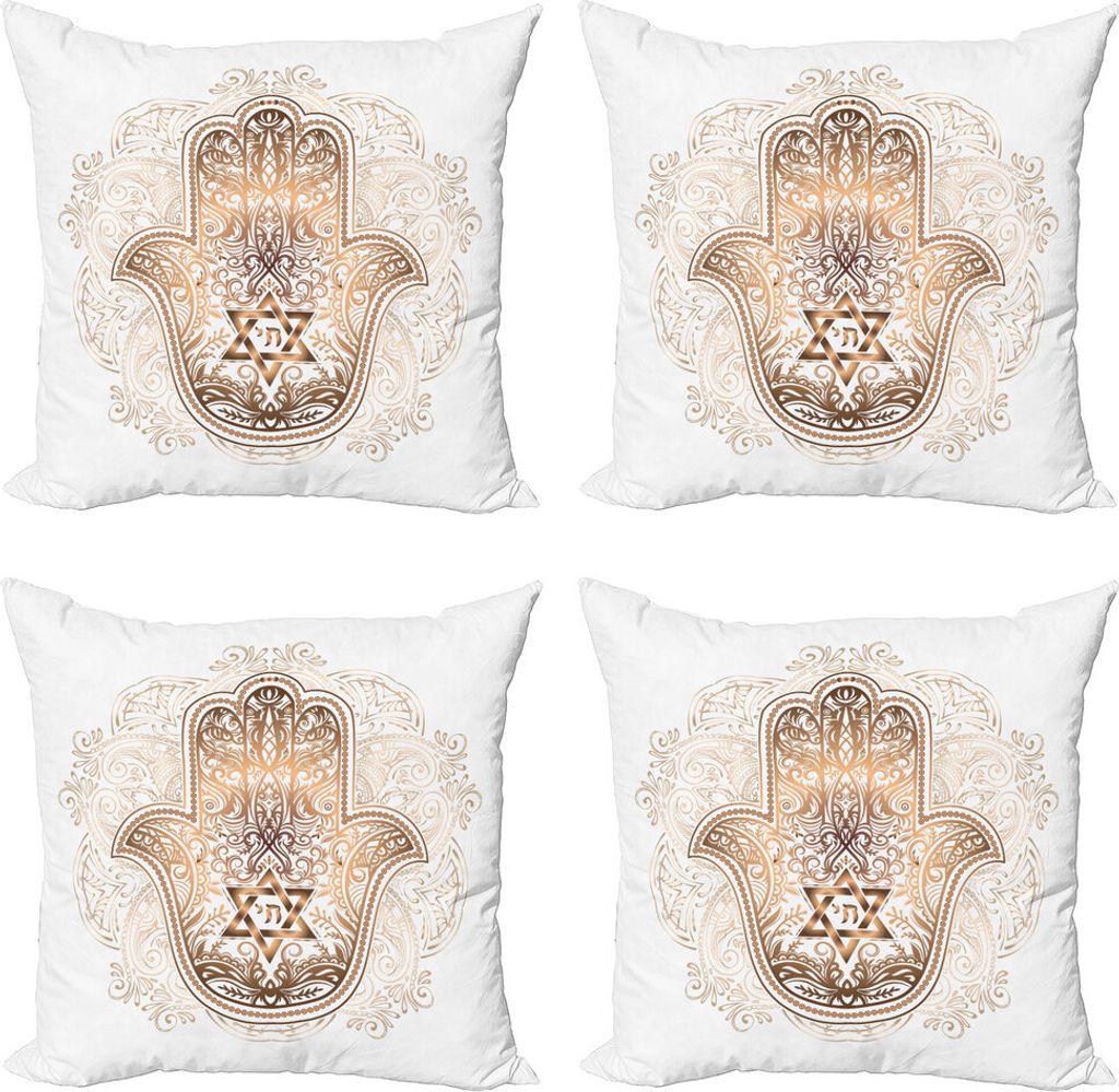 ABAKUHAUS Hamsa Kissenbezug Set (4 Stück), Handgemalt, Moderner Doppelseitiger Digitaldruck, 60 cm x 60 cm, Pale Brown und Weiß