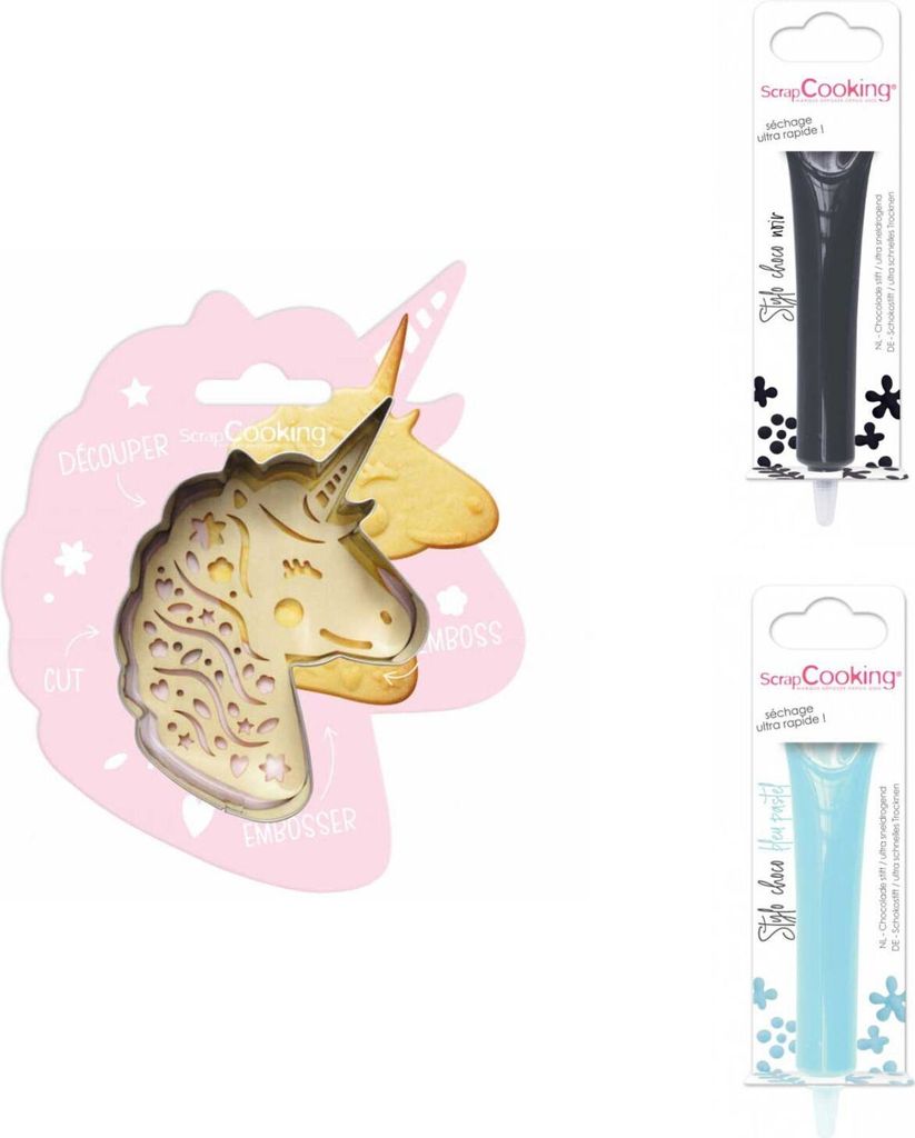 Einhorn-Relief-Plätzchen-Set + 2 Pastellschokoladenstifte in Dunkel und Blau