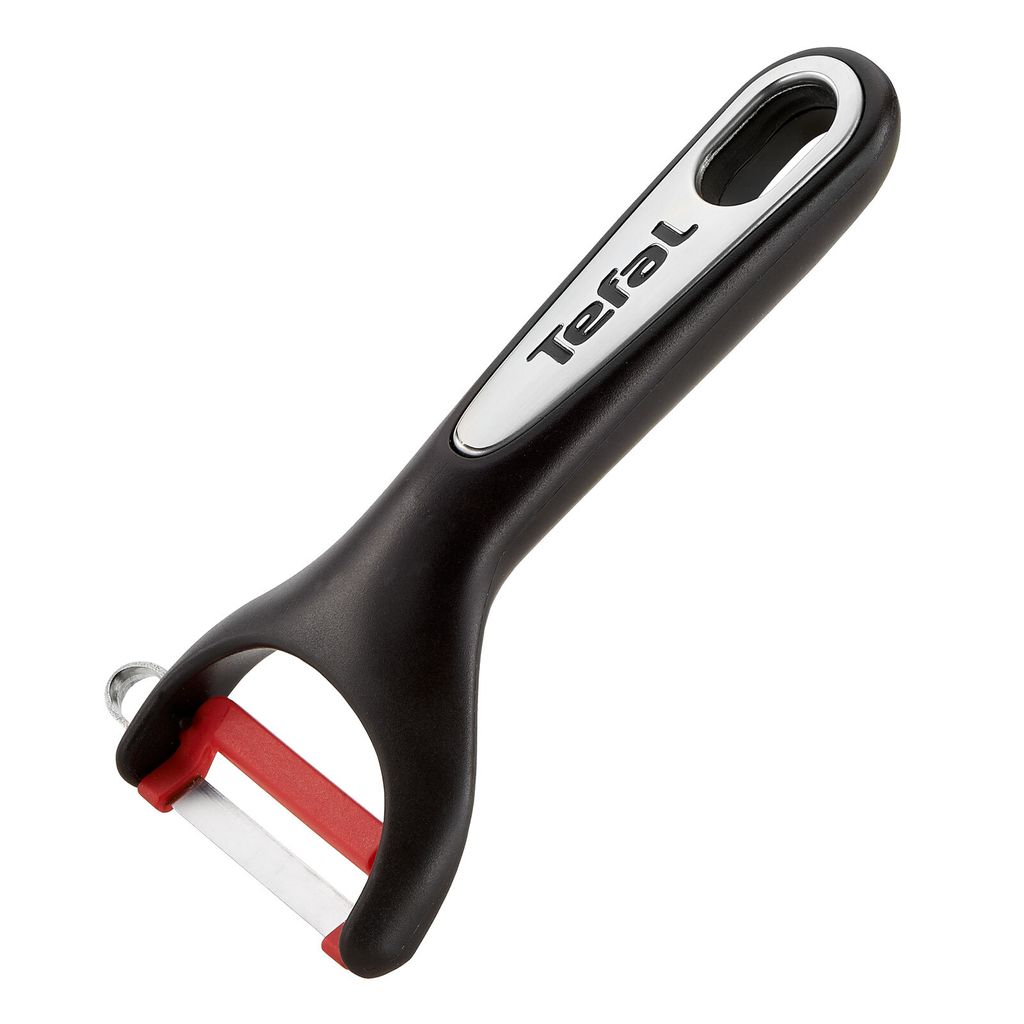 A studio shot of a black and red peeler with the Tefal logo on the handle.