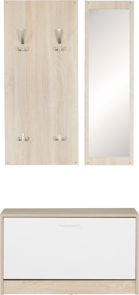 Wand-Garderobe SALERNO mit Spiegel & Schuhschrank Spanplatte sonoma | Moderne Flur-Kompaktgarderobe für Jacken & Schuhe | Komplettgarderobe