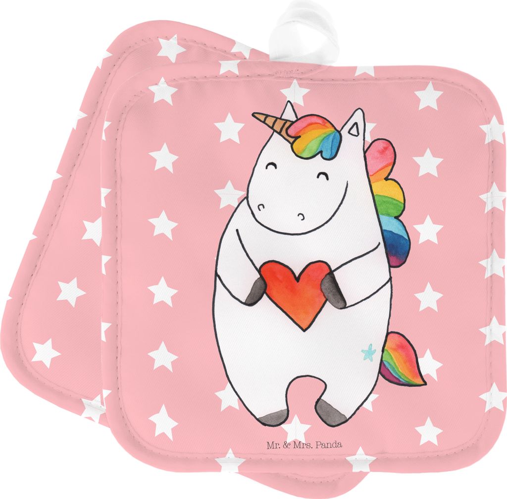 Mr. & Mrs. Panda Topfuntersetzer Einhorn Herz - Rot Pastell - Geschenk, Kochlappen, Topflappenset, Topflappen Set, Anders, Einhörner, Lustig, topf...