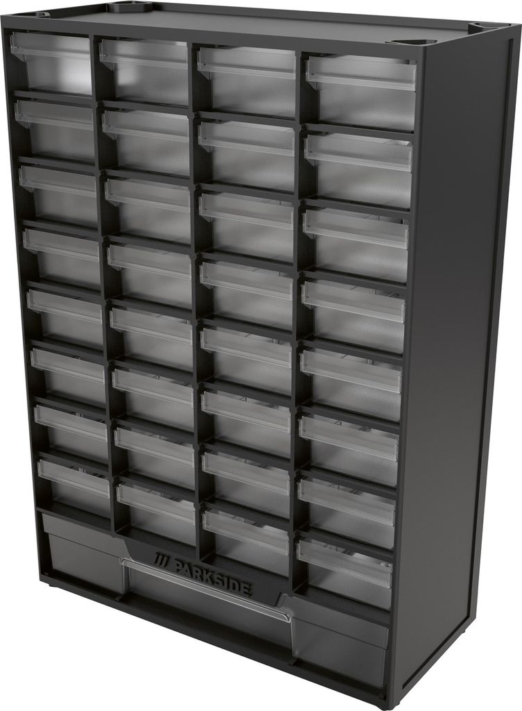 A black storage cabinet with 33 clear drawers.