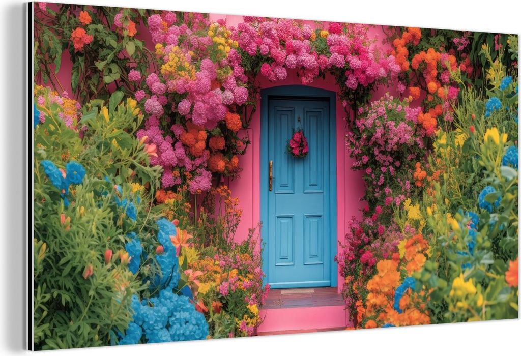 MuchoWow Wanddekoration Metall Metallbild Wandkunst 80x40 cm Blumen - Tür - Rosa MuchoWow Aluminium Gemälde - Wanddekoration - Alubild
