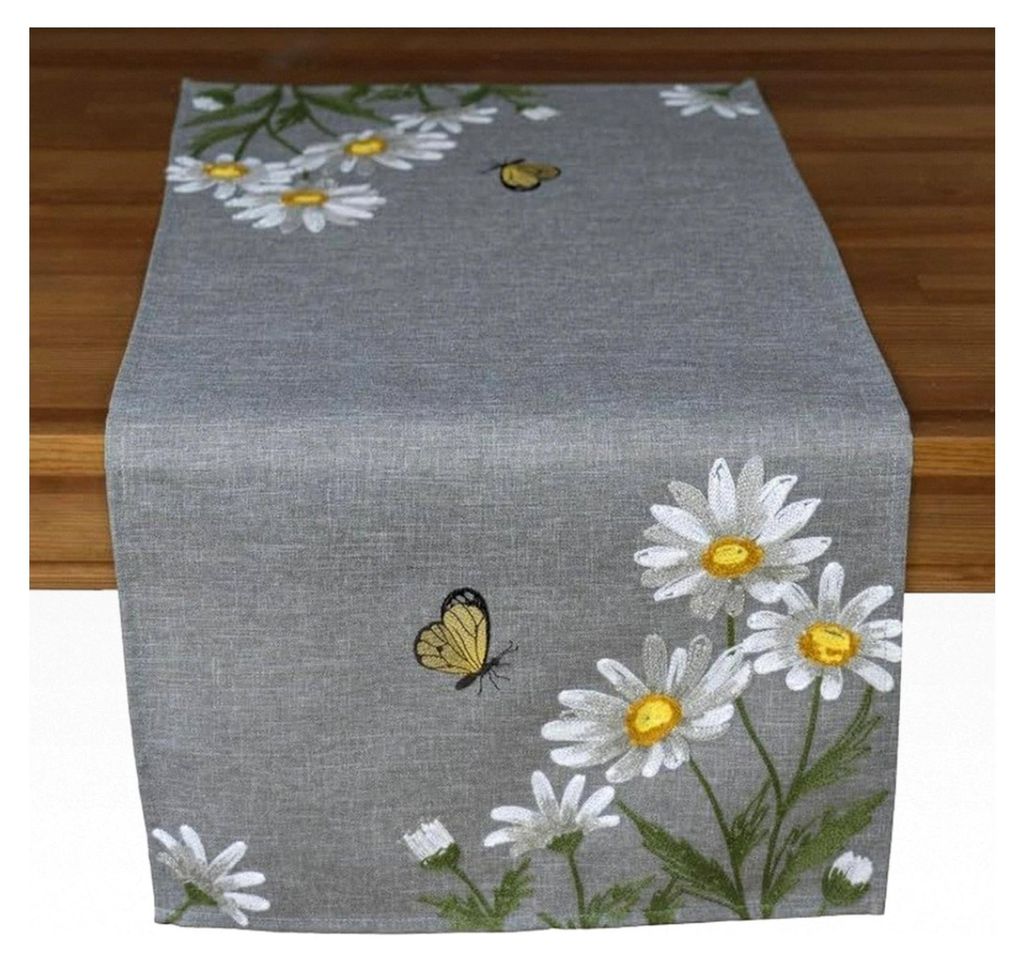 Tischdecke, Mitteldecke, Tischläufer, Kissenhülle grau mit Blumenmuster, Kurbelstickerei mit weißen Margeriten und gelbem Schmetterling (40 x 85...