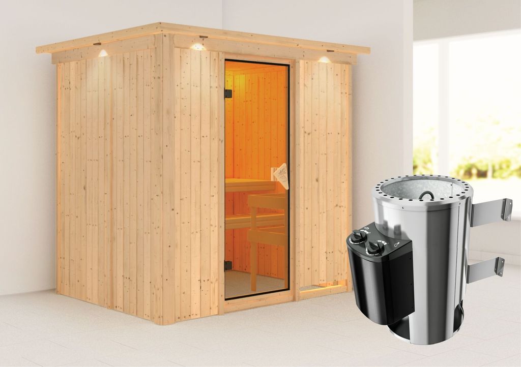 Karibu Sauna Innensauna Fanja Fronteinstieg Ofen 3,6 kW intgr. Strg 210x165x202 cm mit Dachkranz mit Bronzierter Tür