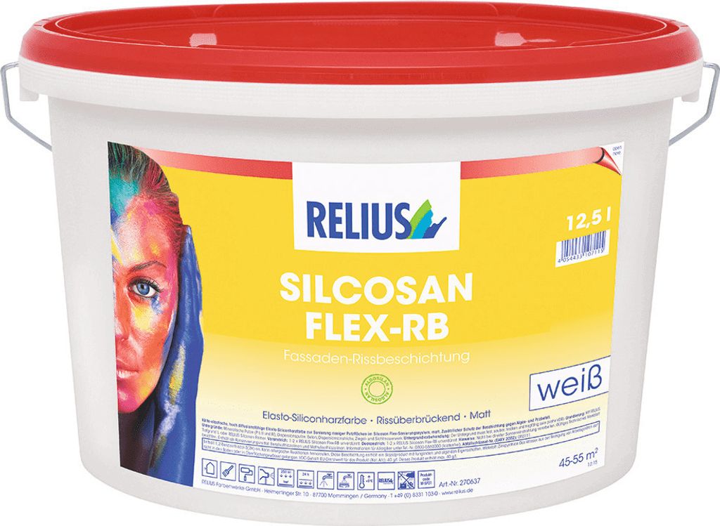 Relius Silcosan Flex-RB Fassadenfarbe weiß 12,5 Liter - Rissüberbrückende, hoch dehnfähige Elasto-Siliconharz-Fassadenfarbe