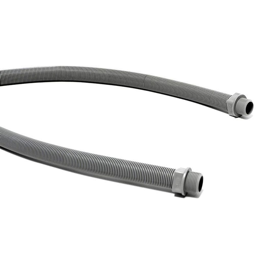 Two sections of a gray flexible conduit hose with threaded connectors are shown against a white background.