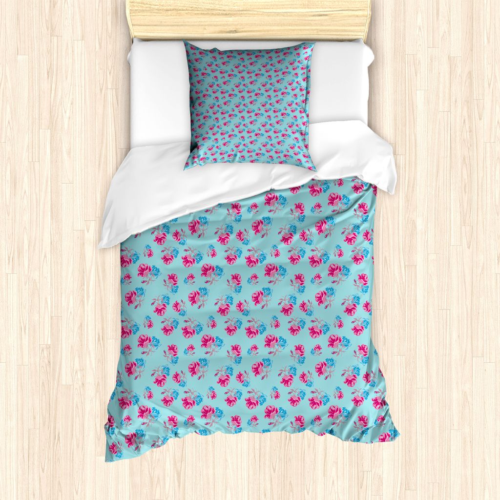 ABAKUHAUS Blau und Pink Bettbezug Set für Einzelbetten, Bicolor Sommer-Rosen, Milbensicher Allergiker geeignet mit Kissenbezug, 135 cm x 200 cm - ...