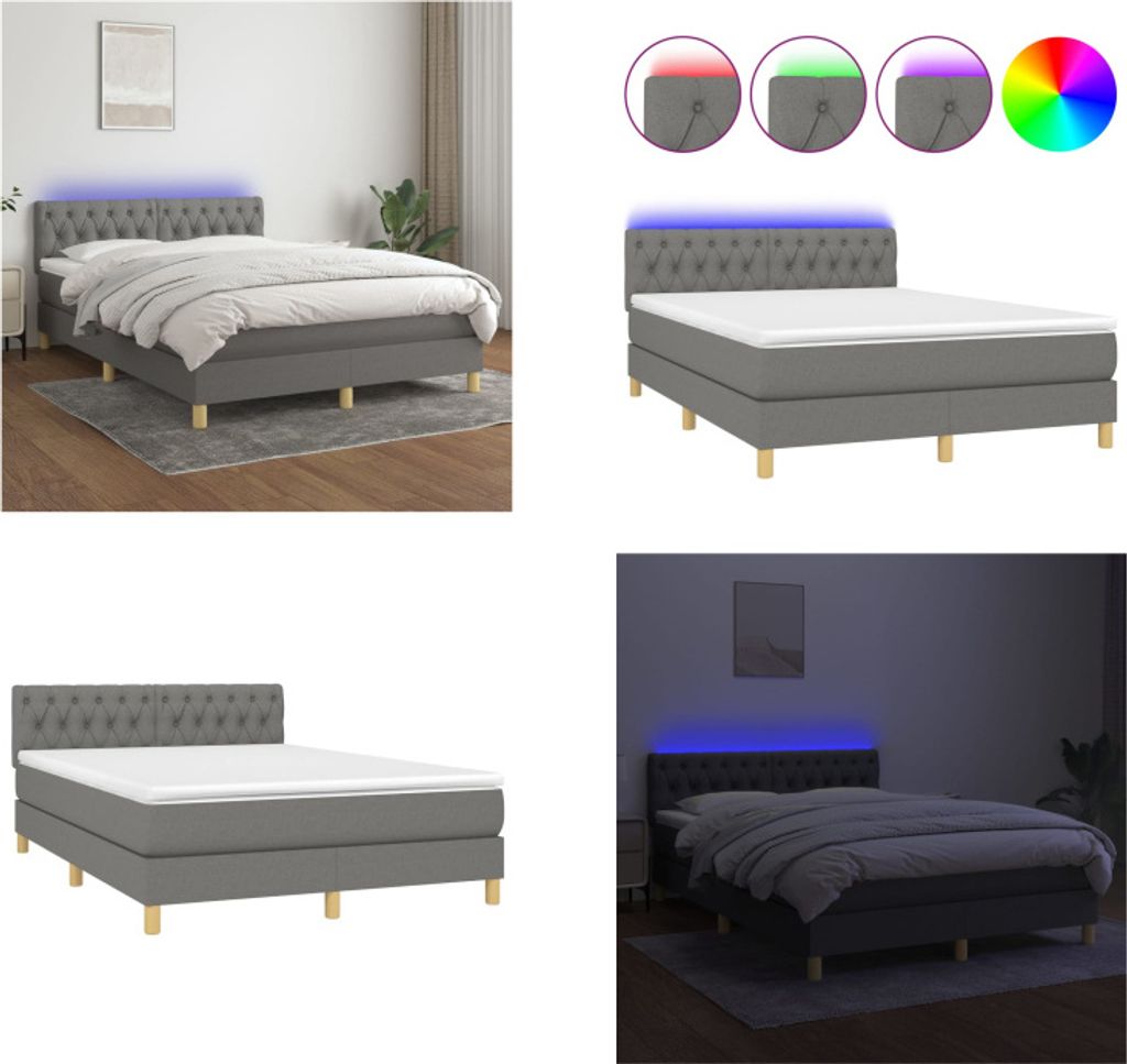 vidaXL Boxspringbett mit Matratze & LED Dunkelgrau 140x200 cm Stoff - Boxspringbett - Boxspringbetten - Bett - Schlafzimmermöbel
