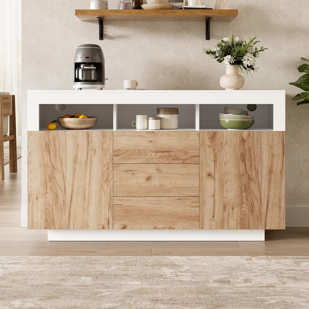 MODFU Sideboard Aufbewahrungsschrank mit 3 Schubladen und 3 offenen Fächern Kommode mit 2 Türen Viel Stauraum für Wohnzimmer und Küche Natur
