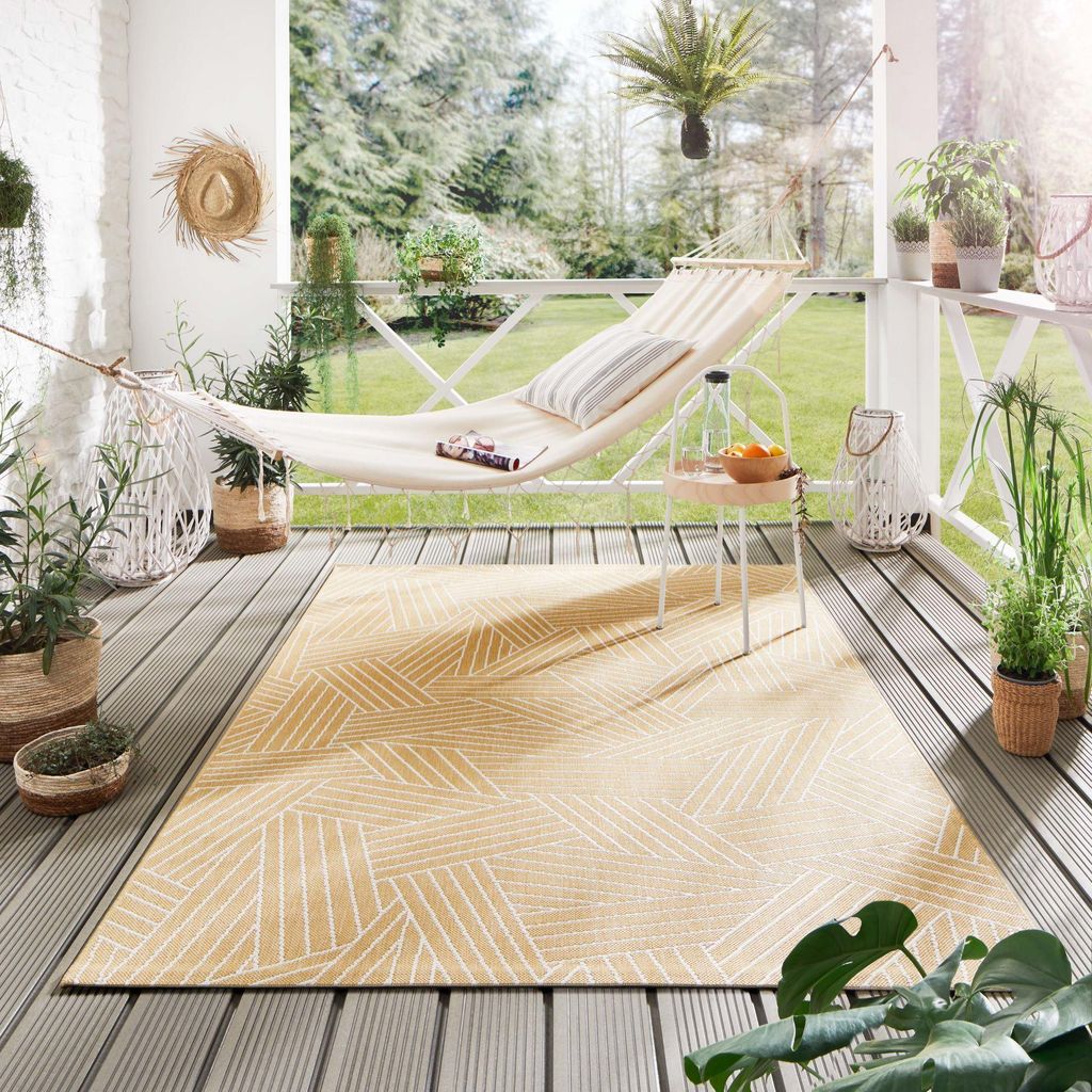 Steffensmeier Indoor Outdoor Teppich Öland Balkon Terrasse Küche Garten wasserfest Kunststoff, strapazierfähig , Kristall Senf Beige, 280x380 cm