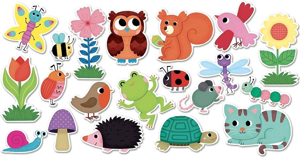 A collection of colorful, cartoon-like illustrations of garden animals and plants.