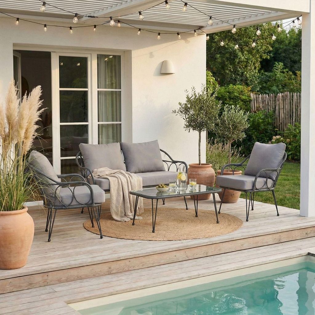 Gartenmöbel CAIRO: 2 Sessel, 1 Zweisitzer, 1 Beistelltisch - schwarz/grau, Loungemöbel Balkon, Rattan-Gartenmöbel, Loungeset im Freien