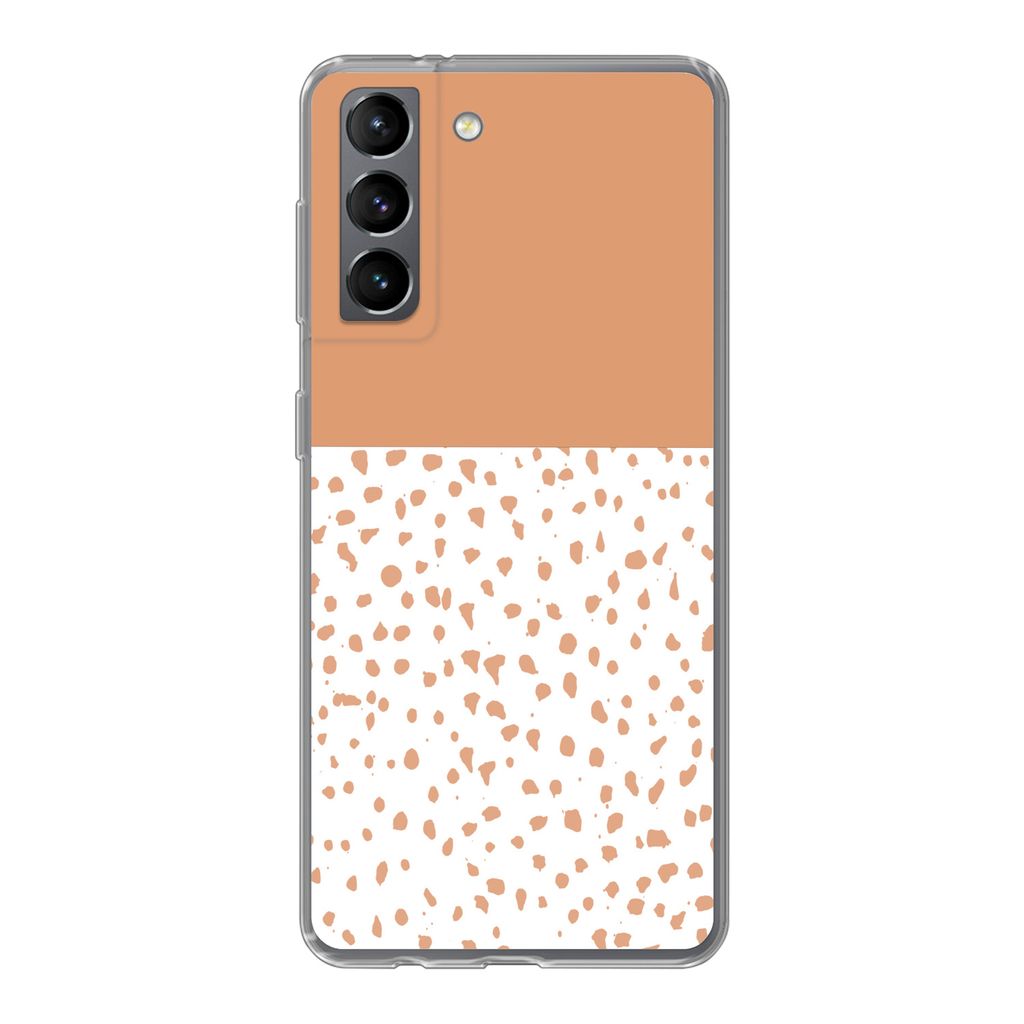 MuchoWow Handyhülle Schutzhülle Hülle für Samsung Galaxy S21 Tupfen - Orange - Weiß Silikon Softcase Handy Hülle - Softcase