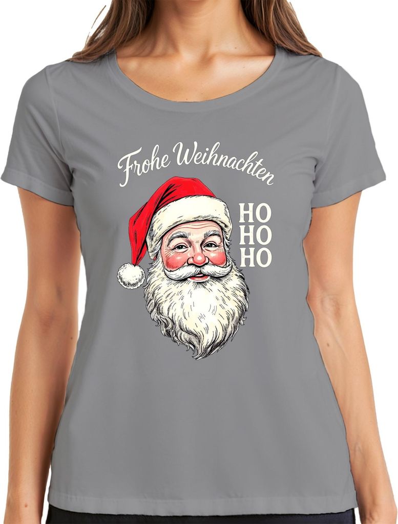 Frohe Weihnachten Weihnachtsmann HO HO HO Retro Nikolaus Geschenk Damen T-Shirt, Grau, M