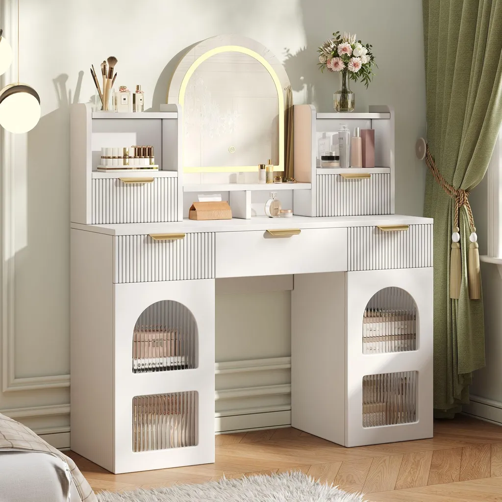 Coiffeuse LED contre le manque de lumière, grand rangement 3 tiroirs blanc