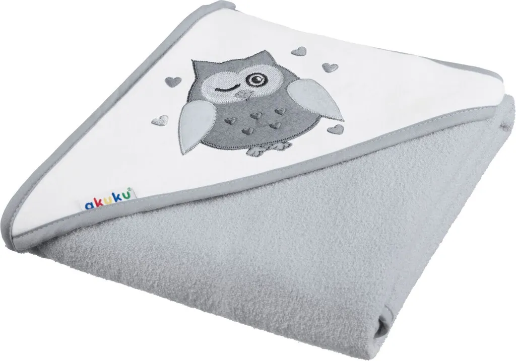 Serviette bébé avec capuche Akuku 100x100cm en éponge gris motif Hibou