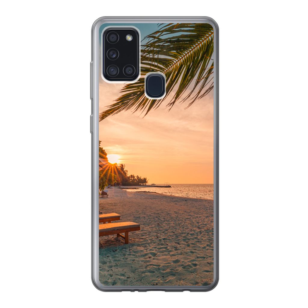 MuchoWow Handyhülle Schutzhülle Hülle für Samsung Galaxy A21s Strand - Strandkorb - Sonnenuntergang Silikon Softcase Handy Hülle - Hartschale