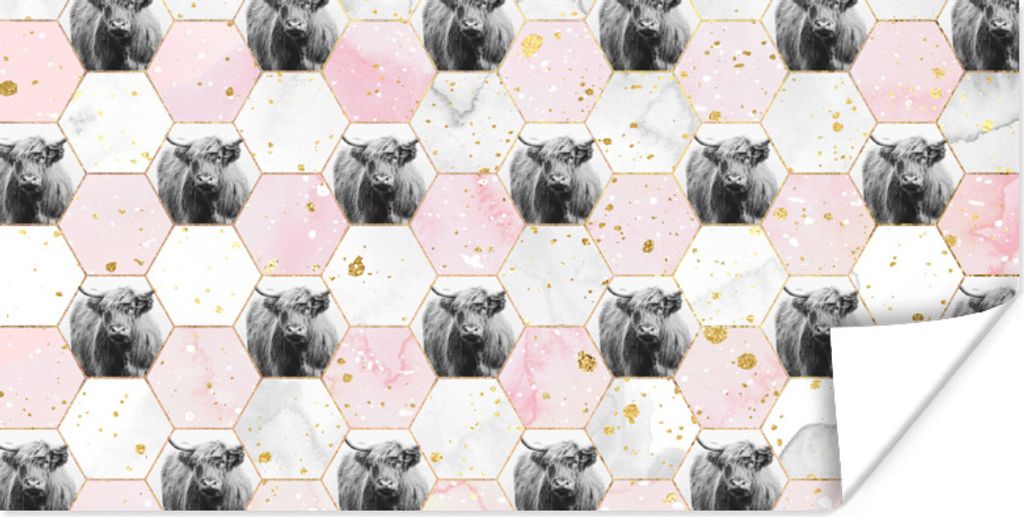 MuchoWow Poster Schottischer Highlander - Design - Sechseck - Marmor 160x80 cm - Foto Poster