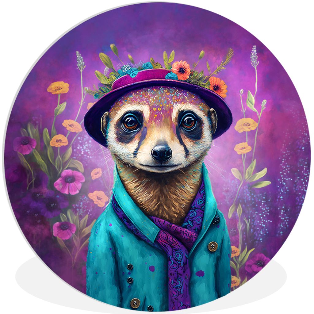 MuchoWow Rundes Wandbild - Runde Bilder Erdmännchen - Blumen - Farbe - Lila - Porträt - Erdmännchen Ø 60 cm Kreis Wanddekoration Kunststoff -...