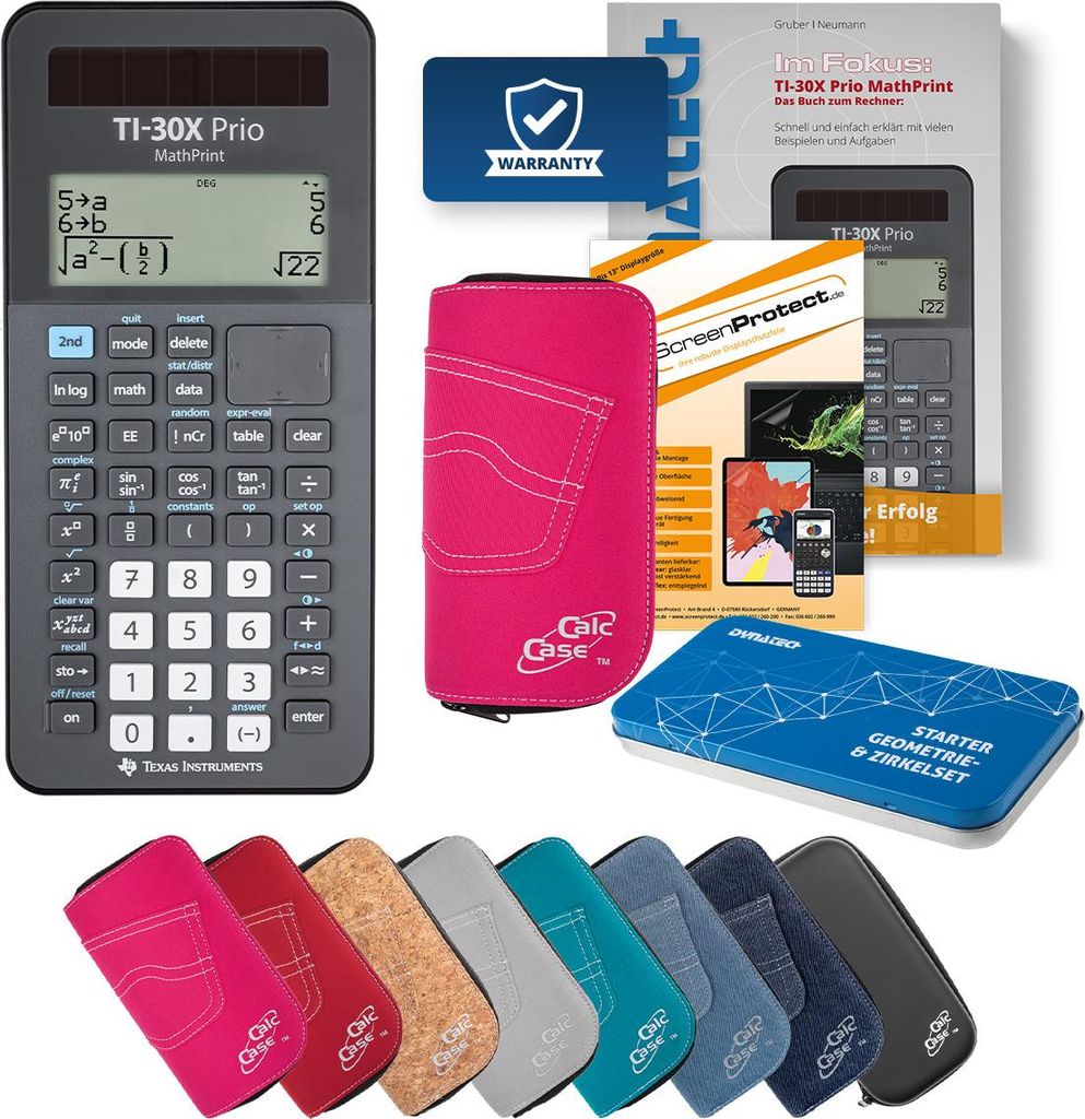 TI-30X Prio MP Taschenrechner mit Tasche pink, Schutzfolie, Buch & Zirkel Set