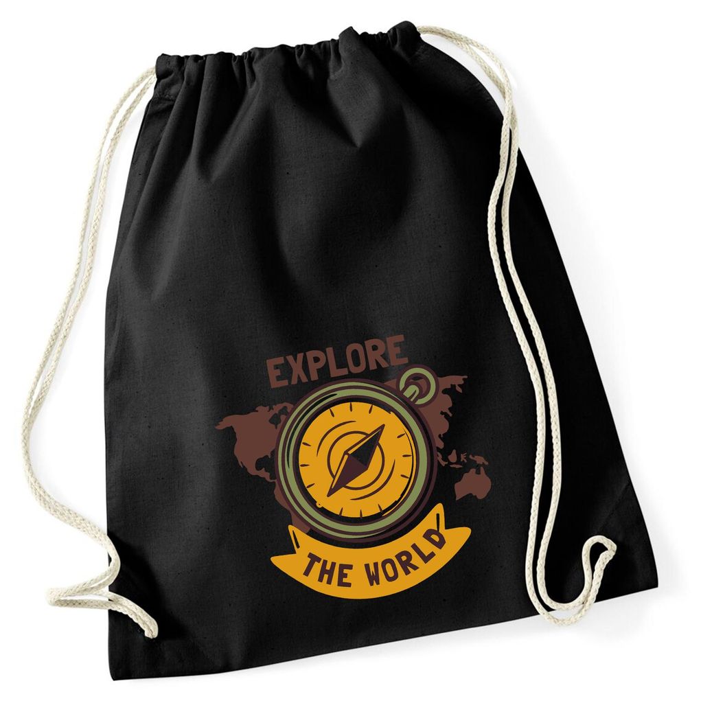 Huuraa Turnbeutel Explore the world Kompass 12 Liter Black Baumwolle Rucksack Geschenkidee