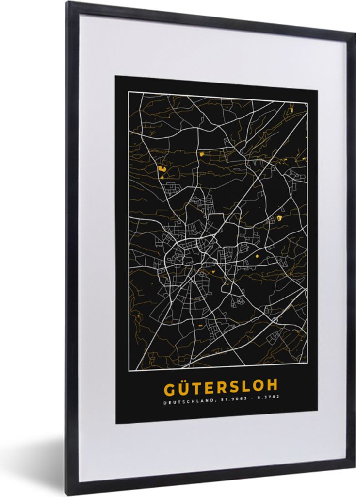 MuchoWow Gerahmtes Poster Gütersloh - Deutschland - Karte - Stadtplan - Gold 40x60 cm - Poster mit Schwarzem Bilderrahmen Wandposter Rahmen Foto...
