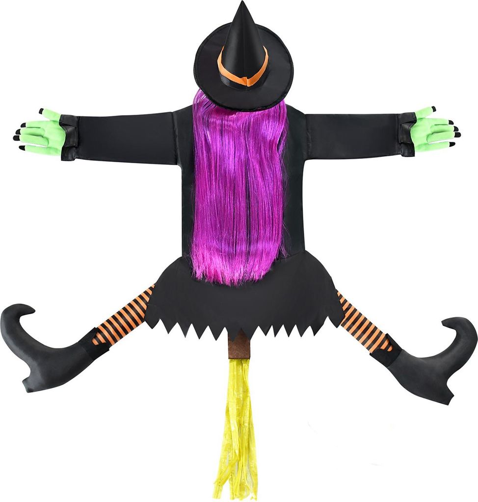 Große Halloween-Dekoration, die in einen Baum stürzt, fliegende Hexe, die auf einen Baum schlägt, Requisite für den Außenbereich, Hof, Garten,...