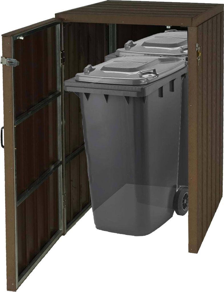 XL 1er-/2er-WPC-Mülltonnenverkleidung HWC-J28, Premium Mülltonnenbox, Metall Holzoptik, erweiterbar braun