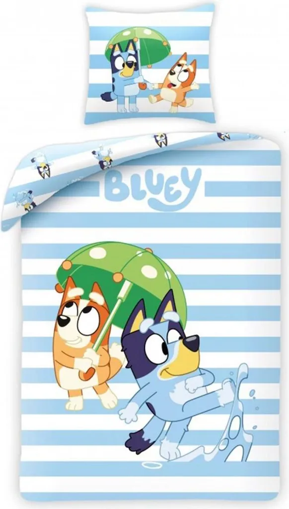 Housse de Couette Simple Bluey en Coton Rayé Bleu/Blanc Réversible AG4130